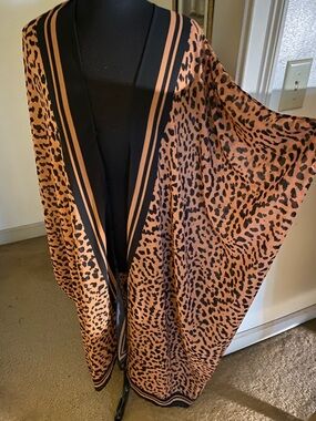 Leopard Print Open Front Kimono - Black & Rust